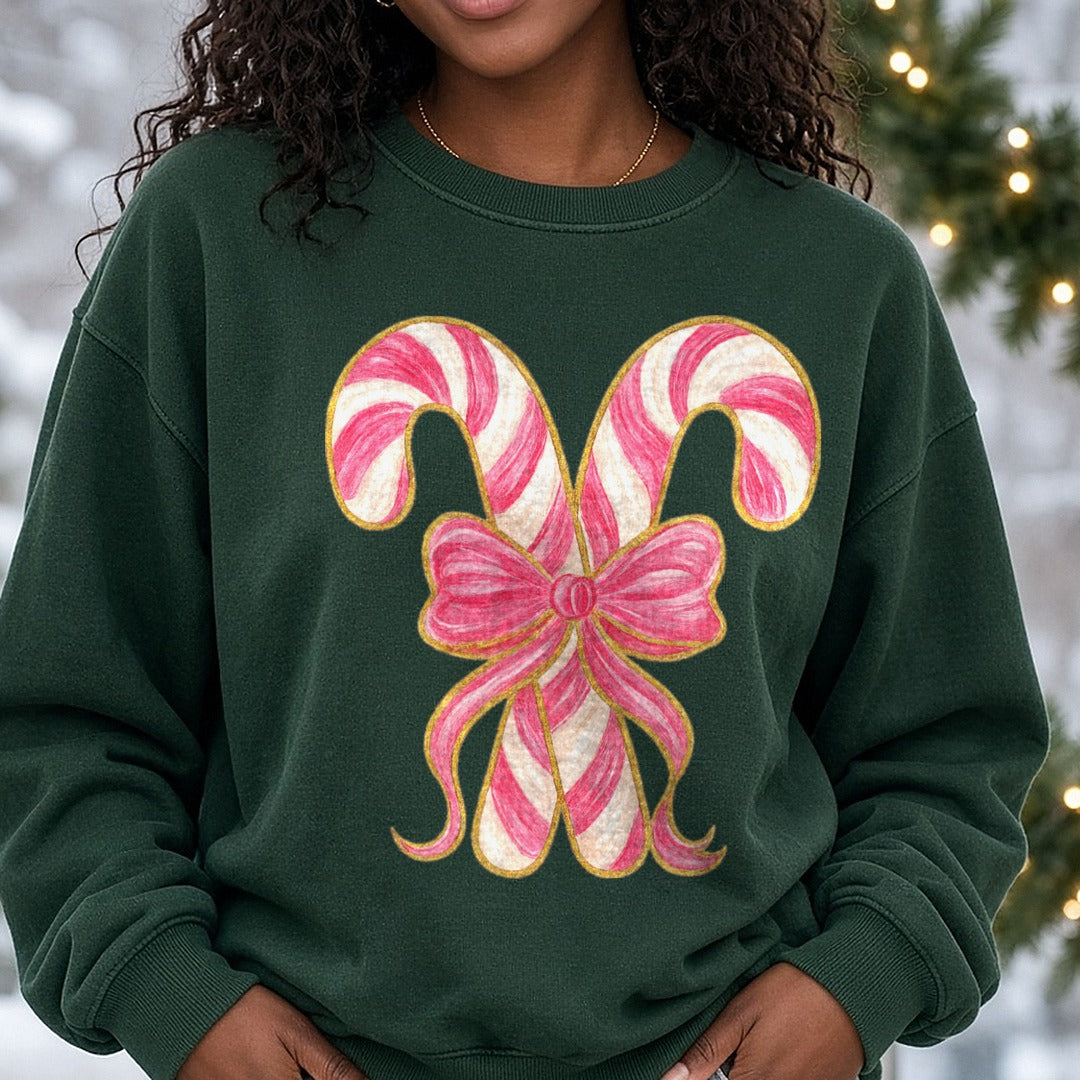 CANDY CANE Brushstroke Christmas DTF transfer shown on a Comfort Colors sweatshirt