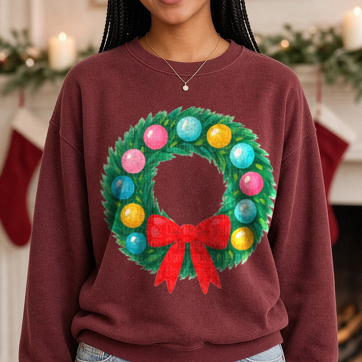 WREATH Brushstroke Christmas DTF transfer shown on a Comfort Colors sweatshirt
