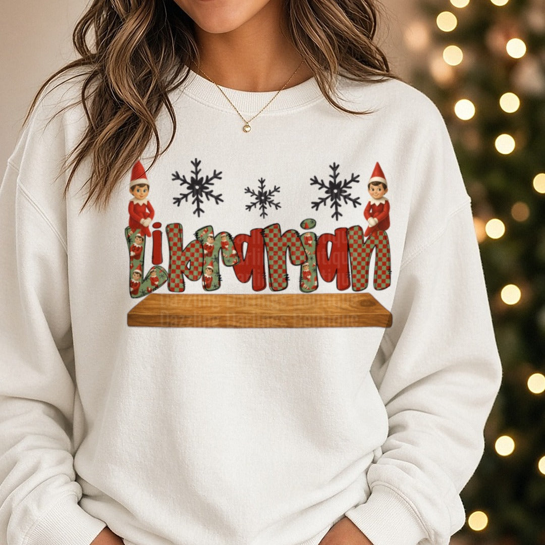 librarian elf DTF transfer shown on a Comfort Colors sweatshirt