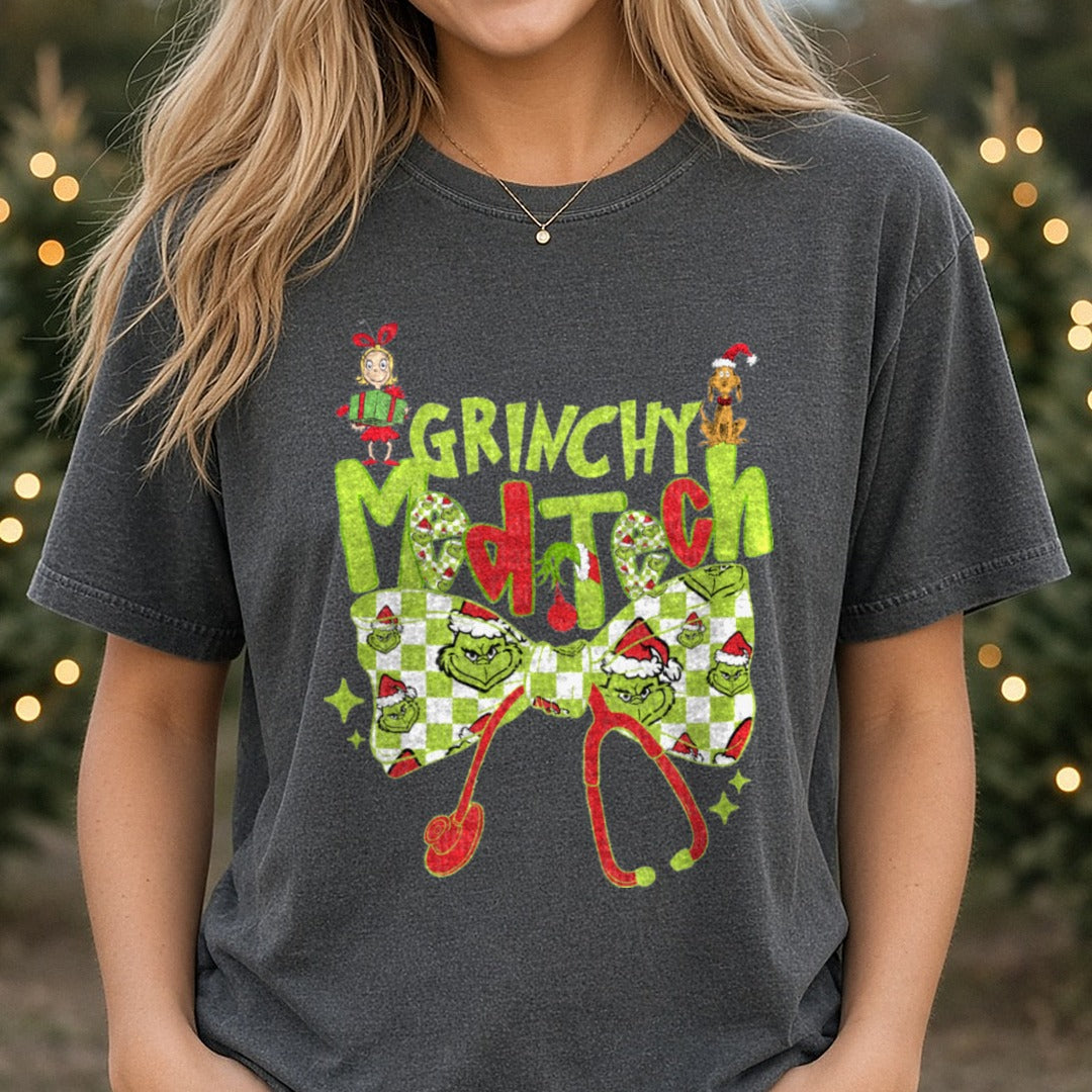 grinchy med tech DTF transfer shown on a Comfort Colors tee