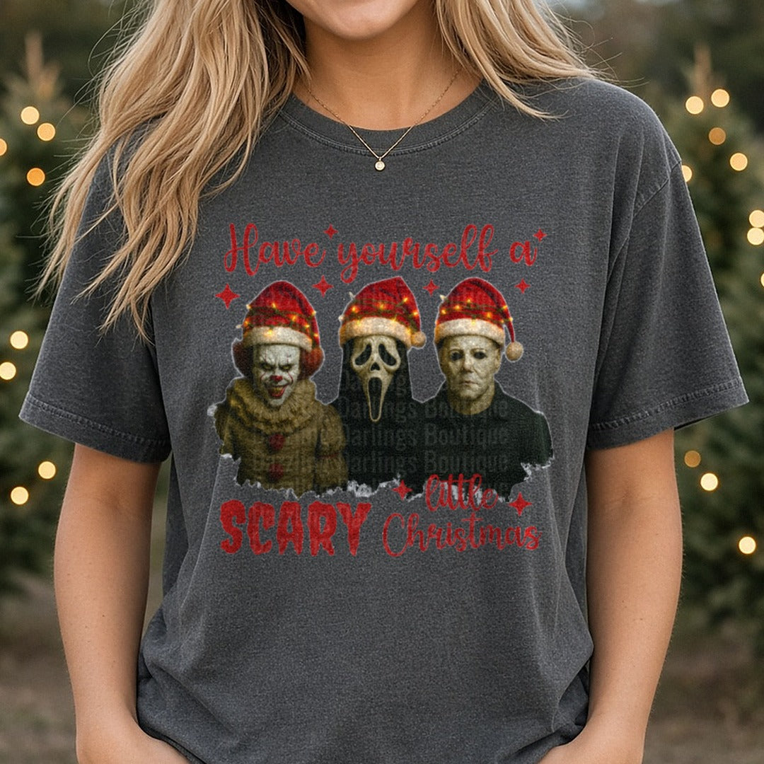 Have Yourself a Scary Little Christmas DTF transfer shown on a Comfort Colors tee