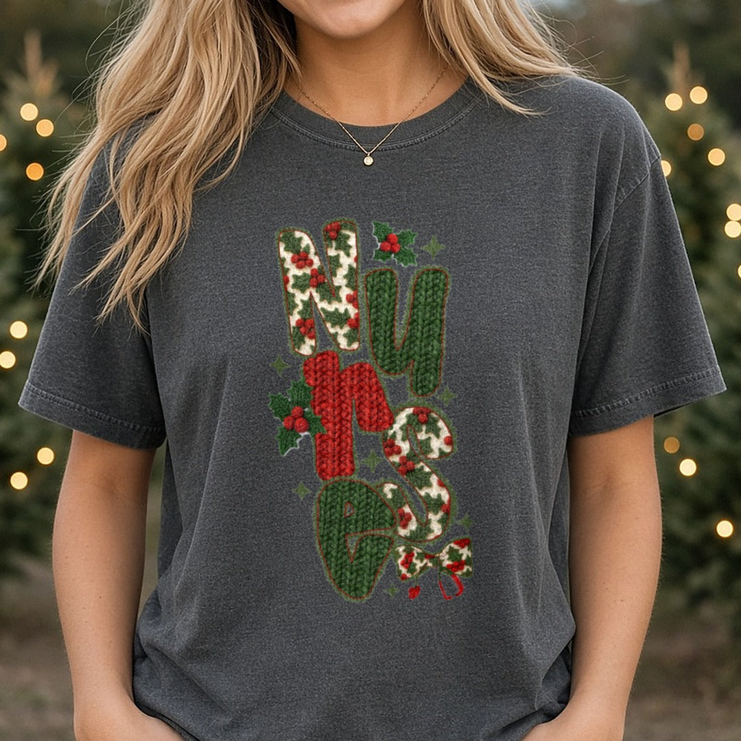 Nurse Christmas Vintage Floral Stacked Letters Holly DTF transfer shown on a Comfort Colors tee