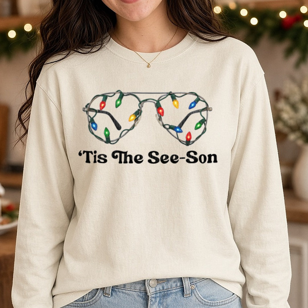 christmas glasses see son DTF transfer shown on a Comfort Colors long sleeve tee