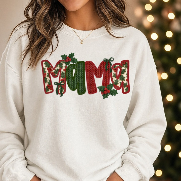Christmas crochet mama DTF transfer shown on a Comfort Colors sweatshirt