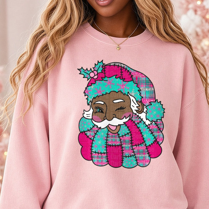 Black Santa DTF transfer shown on a Comfort Colors sweatshirt