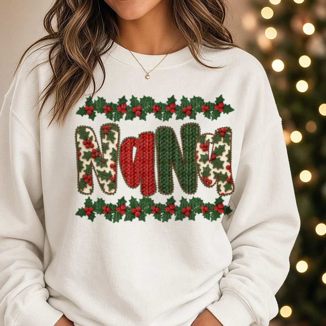 Nana Christmas Knit Holly Border Letters DTF transfer shown on a Comfort Colors sweatshirt