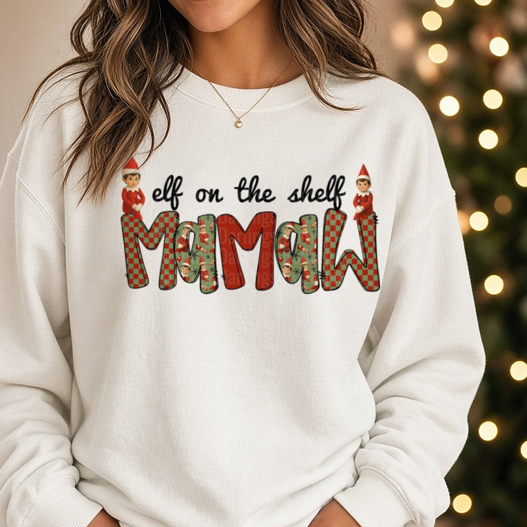 Mamaw Christmas Elves Checkered Letters DTF transfer shown on a Comfort Colors sweatshirt