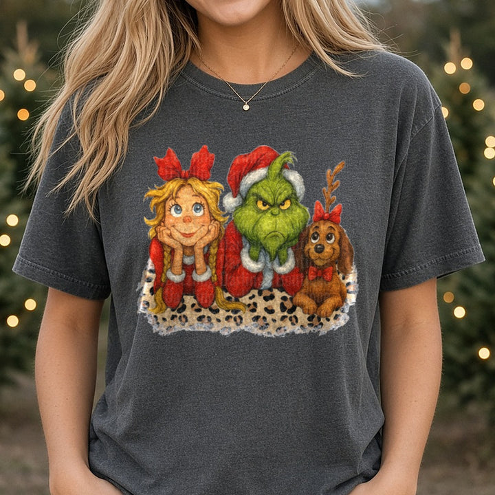 Grinch cheetah DTF transfer shown on a Comfort Colors tee