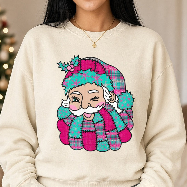 Teal Pink Santa DTF transfer shown on a Comfort Colors sweatshirt