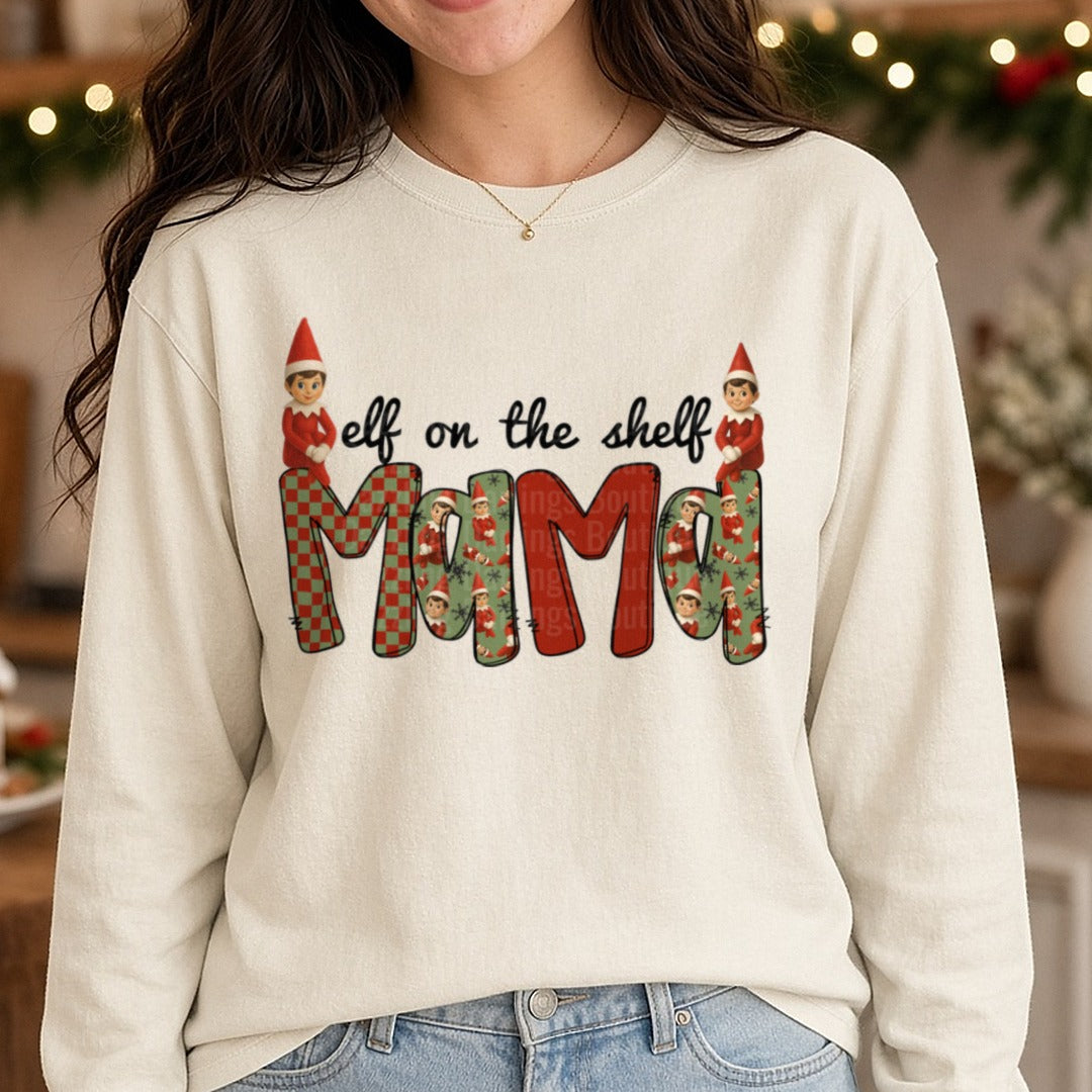 Mama elf DTF transfer shown on a Comfort Colors long sleeve tee
