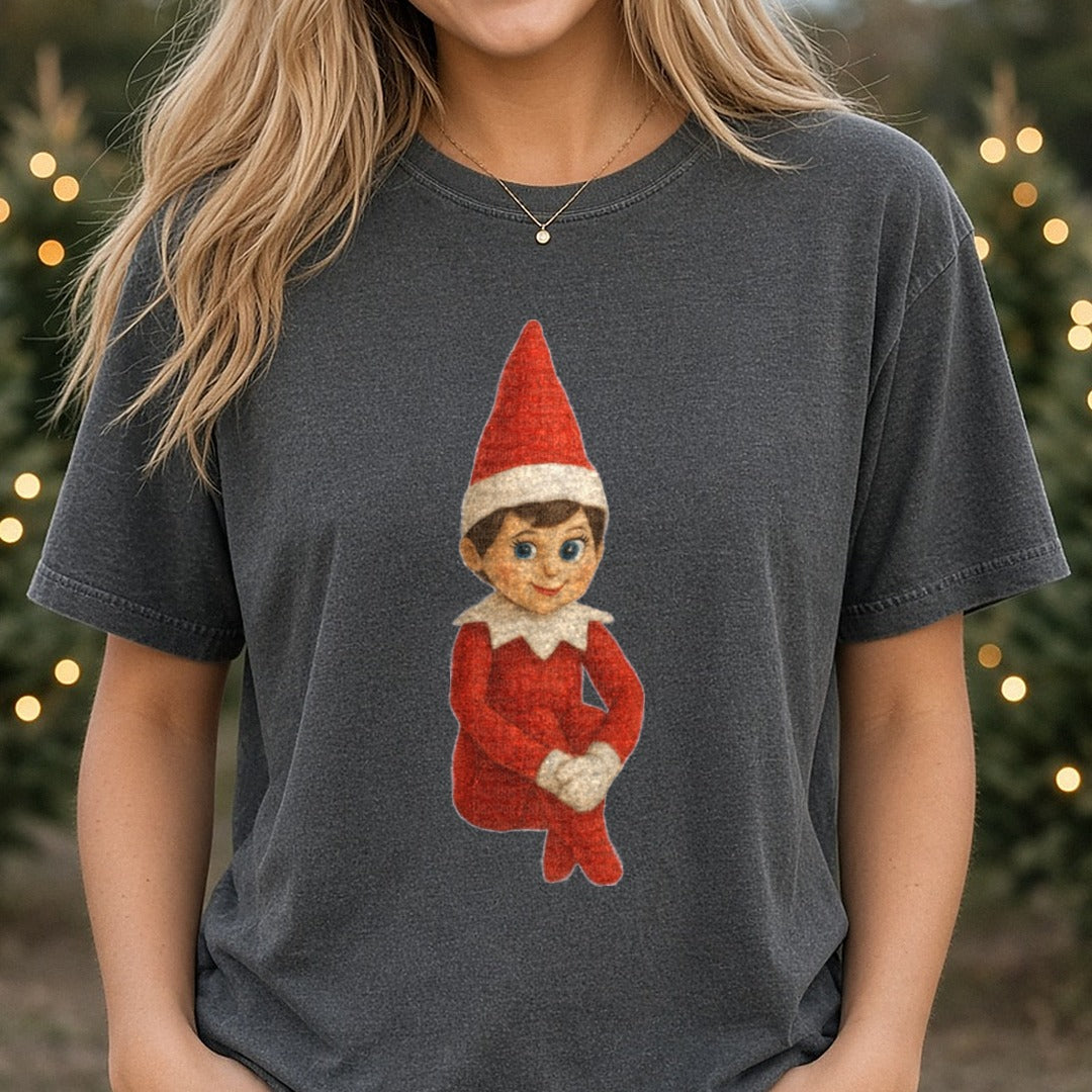 Girl Elf Sitting Full Body DTF transfer shown on a Comfort Colors tee