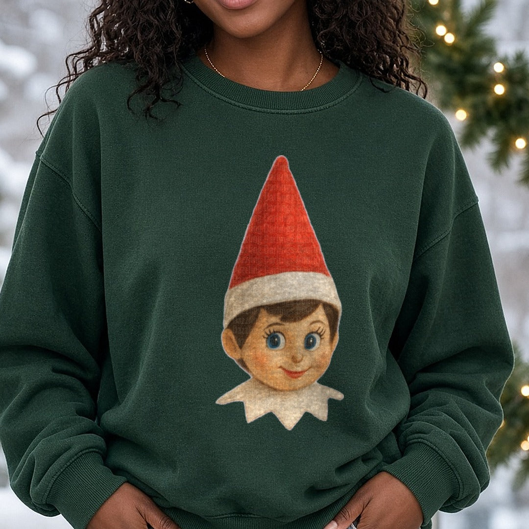 Girl elf head DTF transfer shown on a Comfort Colors sweatshirt