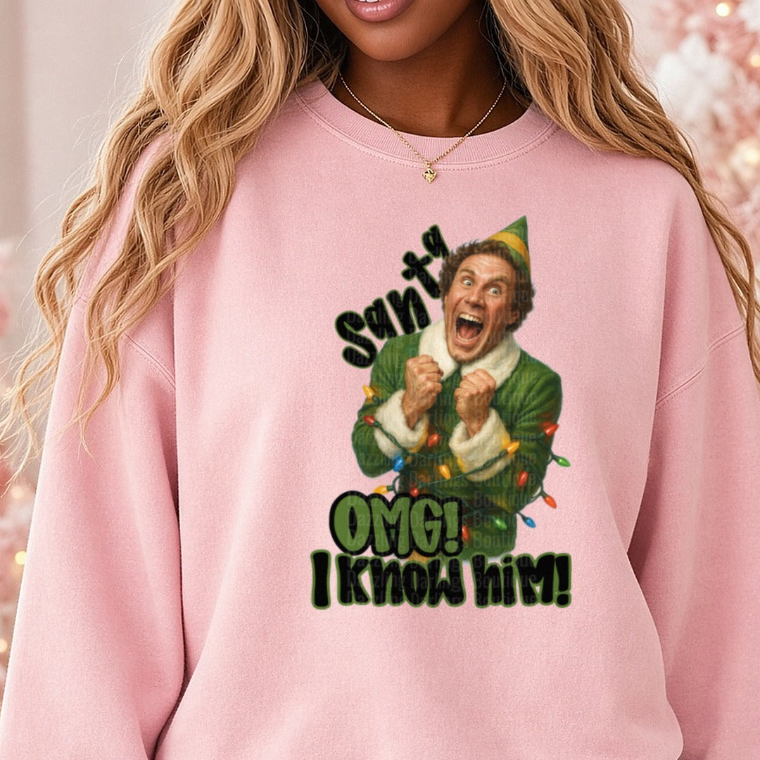 Buddy elf DTF transfer shown on a Comfort Colors sweatshirt