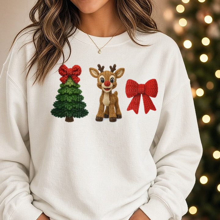 Yarn Rudolph tree bow DTF transfer shown on a Comfort Colors sweatshirt