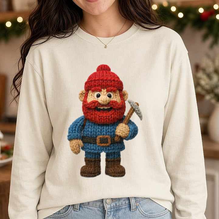 vintage christmas crochet DTF transfer shown on a Comfort Colors long sleeve tee