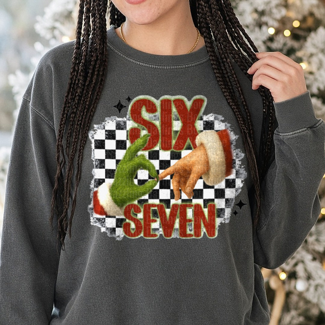 sixseven grinch santa DTF transfer shown on a Comfort Colors sweatshirt