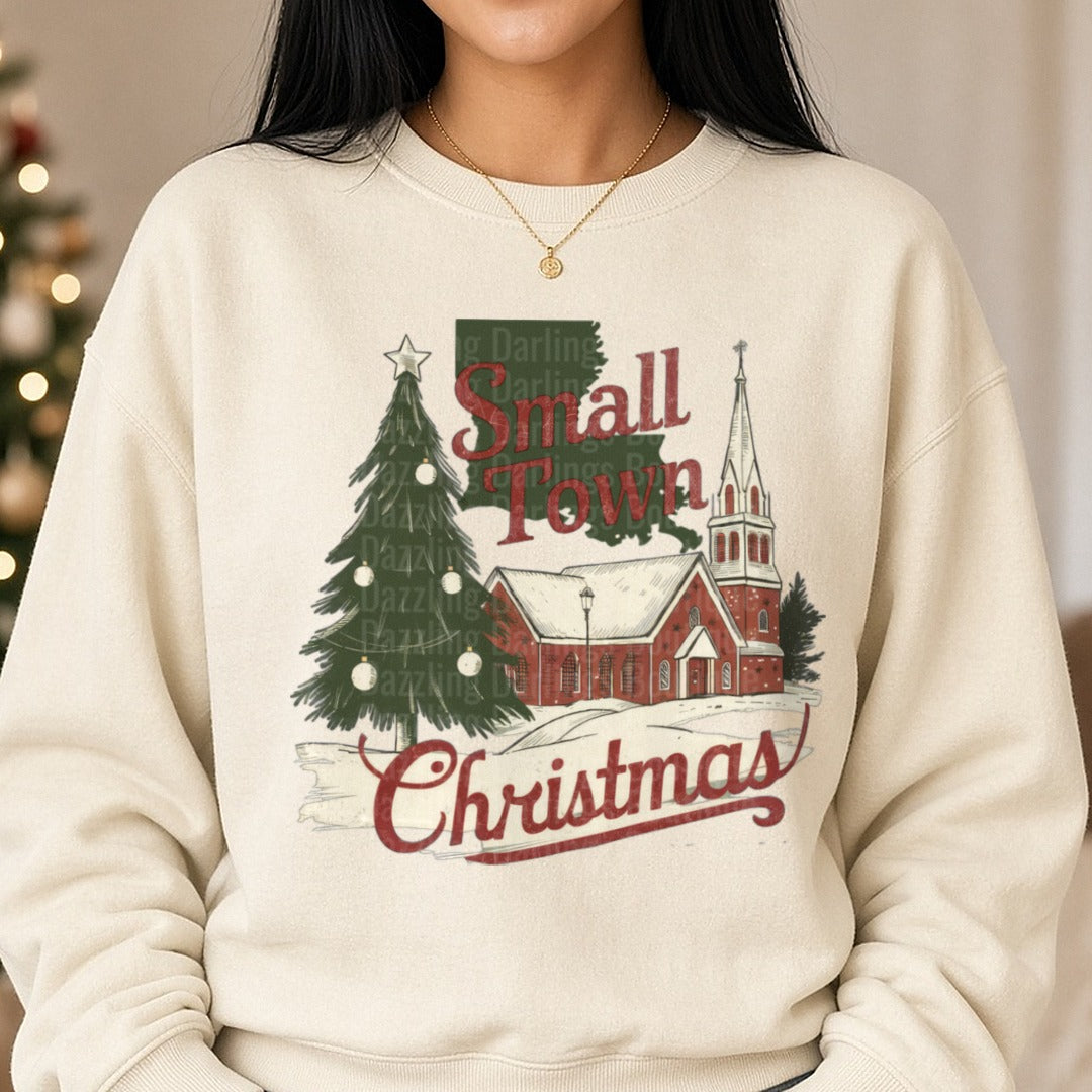 Small Town Christmas DTF transfer shown on a Comfort Colors sweatshirt