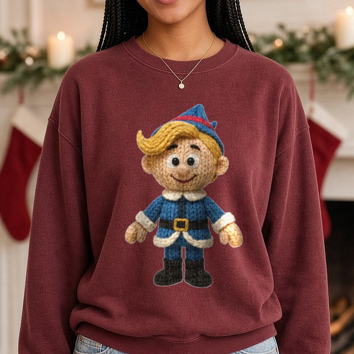 elf rudolph DTF transfer shown on a Comfort Colors sweatshirt