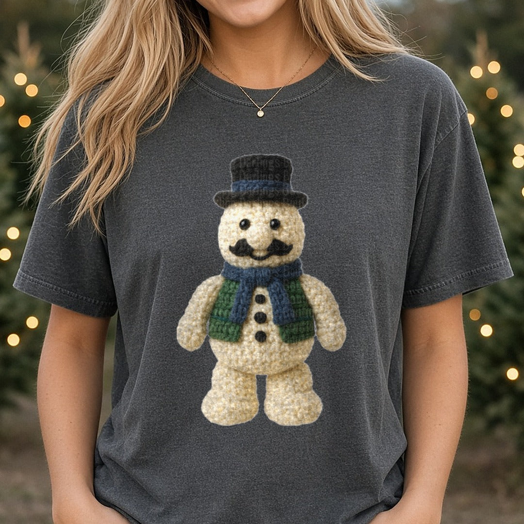 crochet sam snowman DTF transfer shown on a Comfort Colors tee