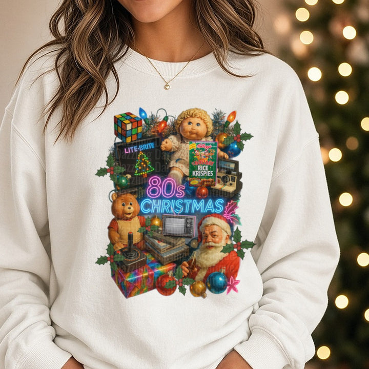 80s christmas DTF transfer shown on a Comfort Colors sweatshirt