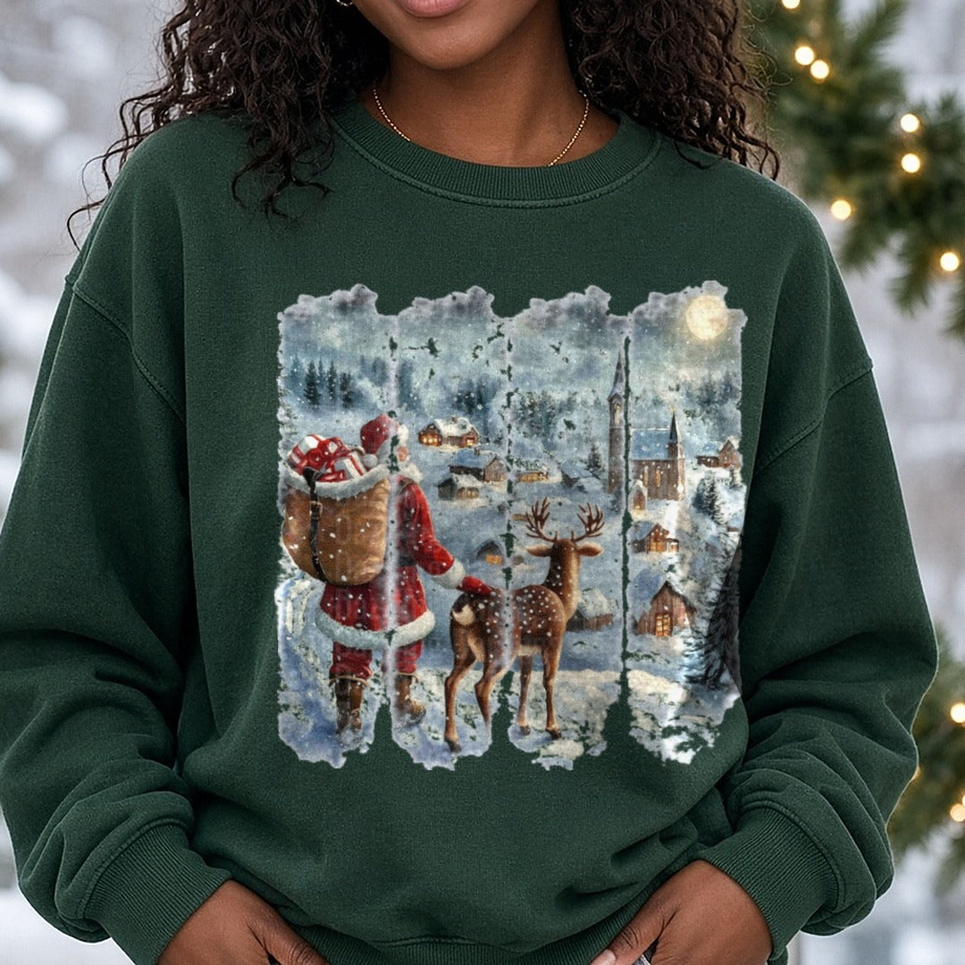 santa reindeer brushstroke DTF transfer shown on a Comfort Colors sweatshirt