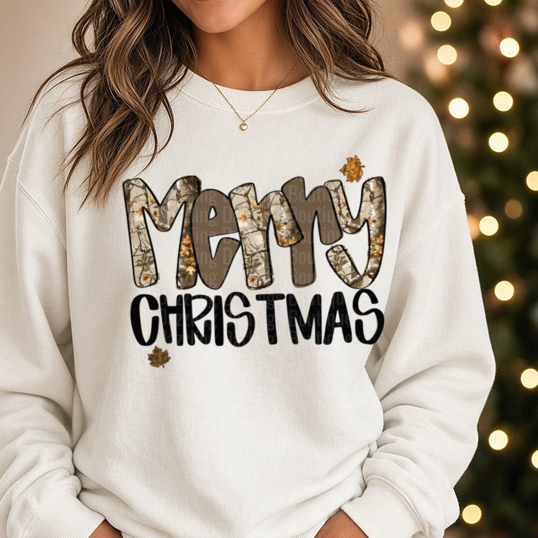 merry camo DTF transfer shown on a Comfort Colors sweatshirt
