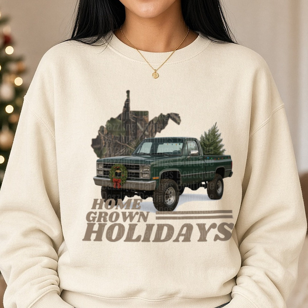 holidays wv chevy DTF transfer shown on a Comfort Colors sweatshirt