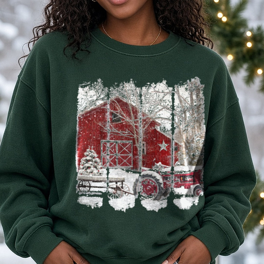 snow barn DTF transfer shown on a Comfort Colors sweatshirt