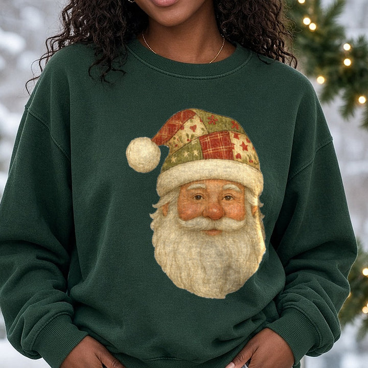 quilt santa DTF transfer shown on a Comfort Colors sweatshirt