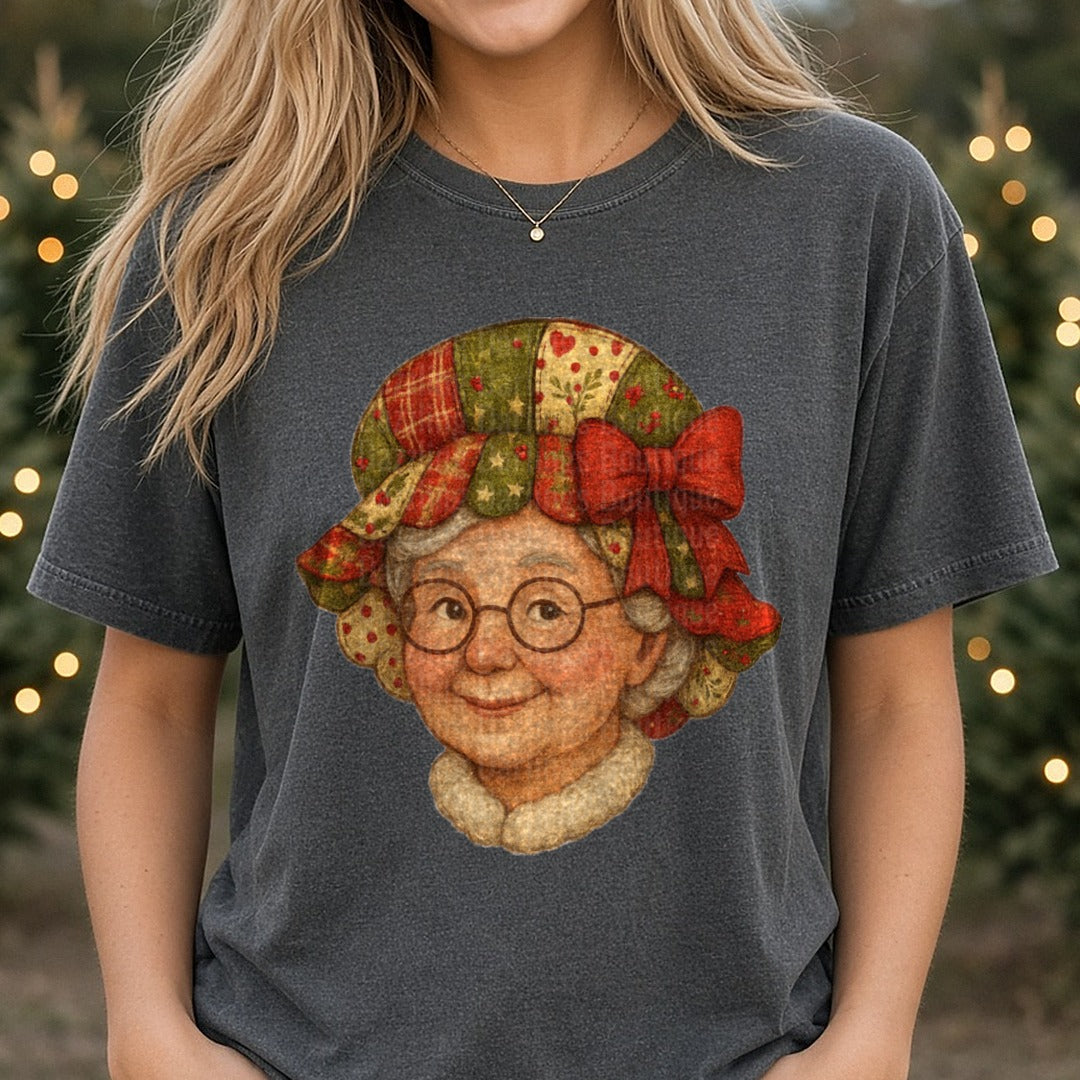 quilt mrs claus DTF transfer shown on a Comfort Colors tee