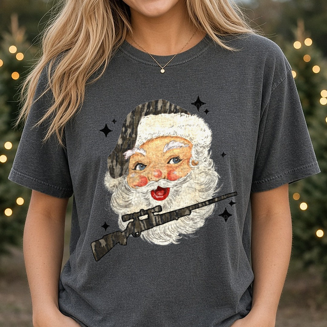 ho ho hunt front santa DTF transfer shown on a Comfort Colors tee