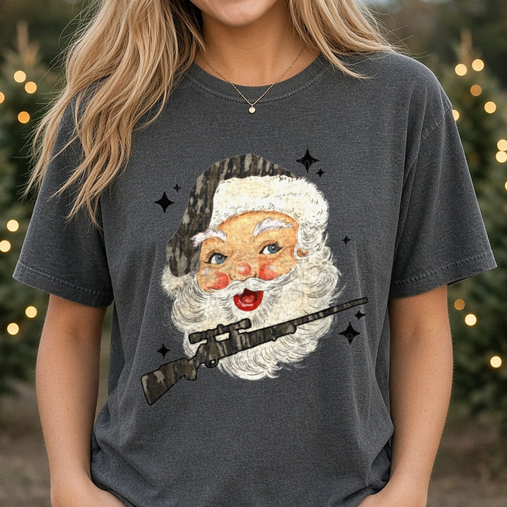 ho ho hunt front santa DTF transfer shown on a Comfort Colors tee