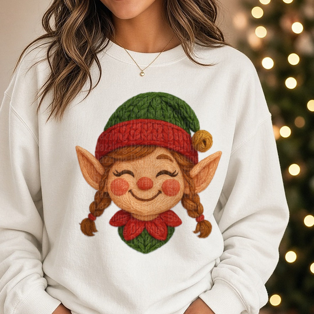 yarn girl elf DTF transfer shown on a Comfort Colors sweatshirt