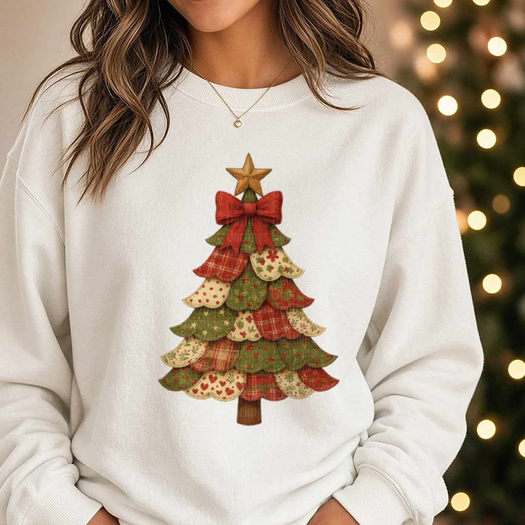 material patchwork tree DTF transfer shown on a Comfort Colors sweatshirt