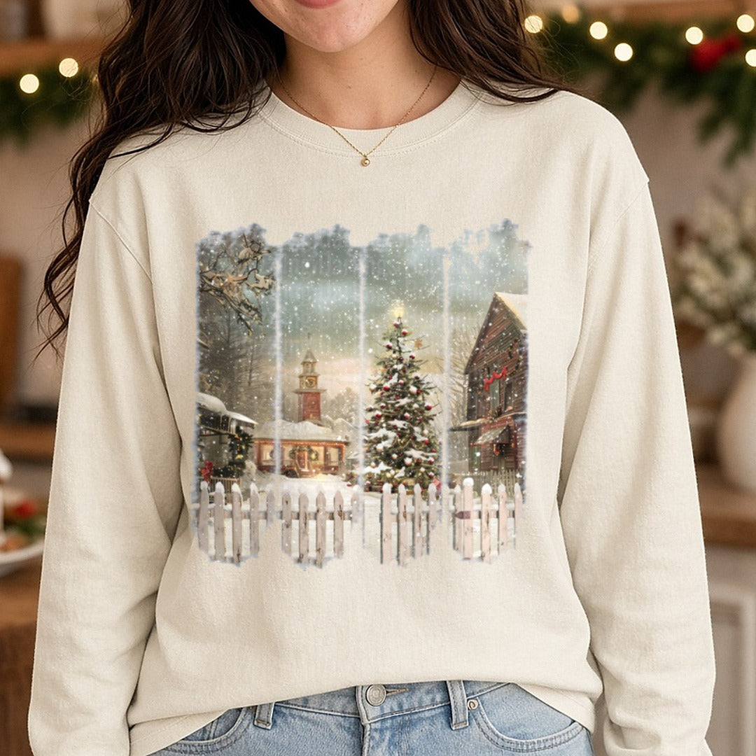christmas brush DTF transfer shown on a Comfort Colors long sleeve tee