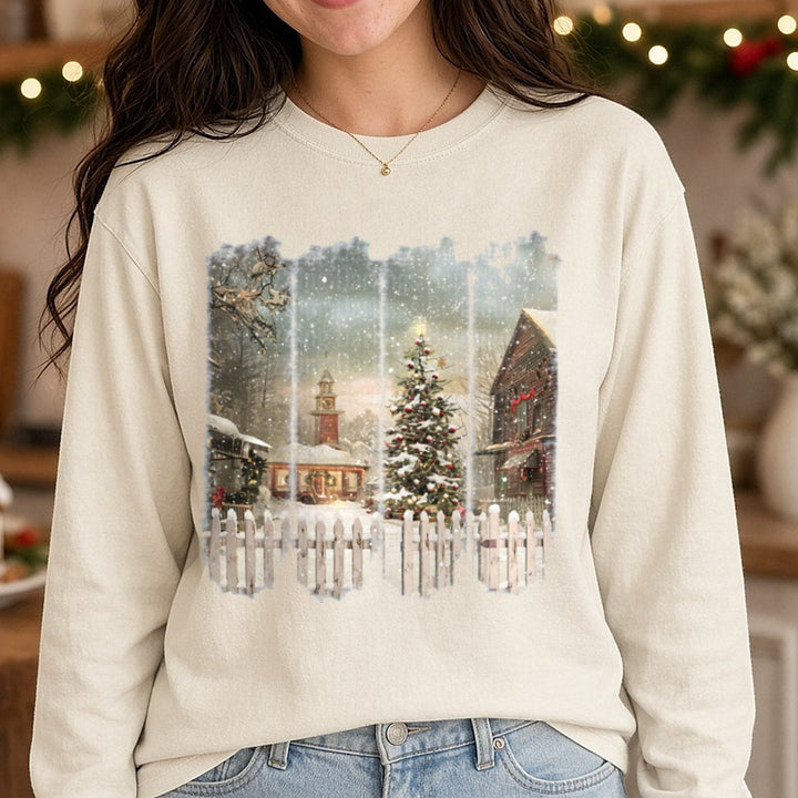 christmas brush DTF transfer shown on a Comfort Colors long sleeve tee