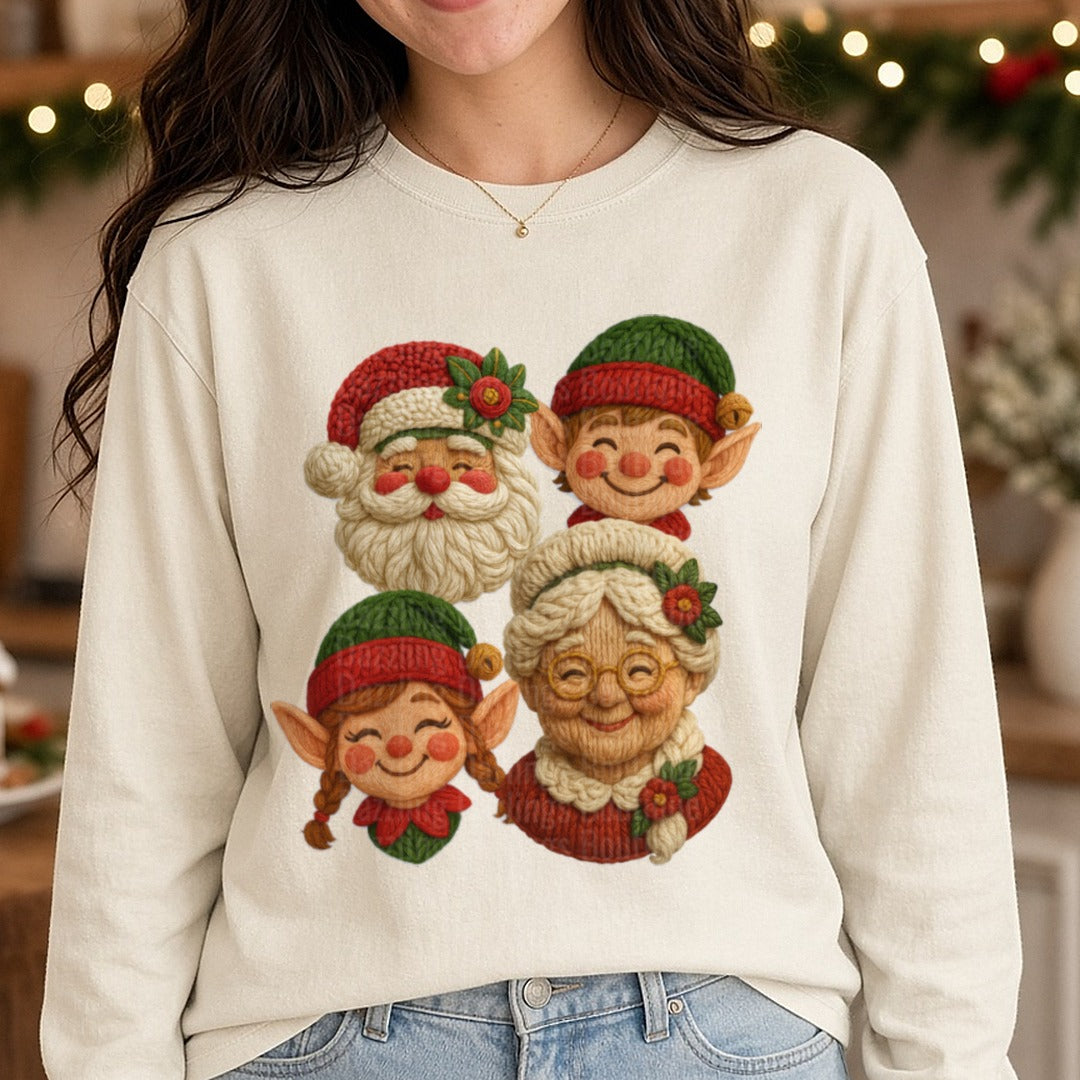 yarnsantacollage DTF transfer shown on a Comfort Colors long sleeve tee