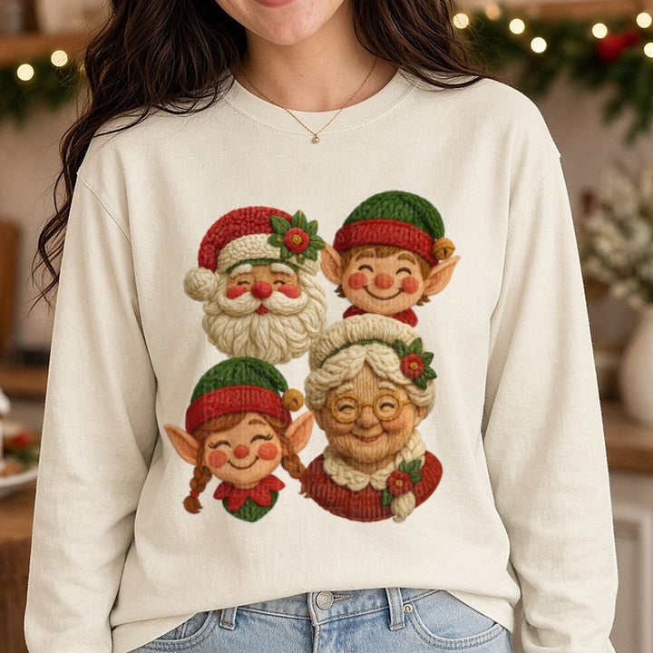 yarnsantacollage DTF transfer shown on a Comfort Colors long sleeve tee