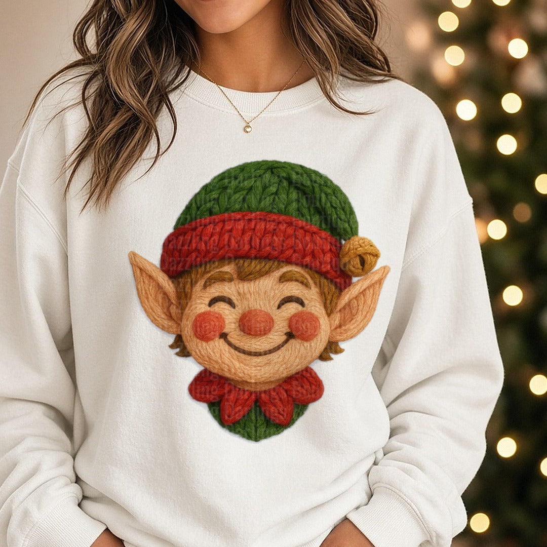 yarn boy elf DTF transfer shown on a Comfort Colors sweatshirt