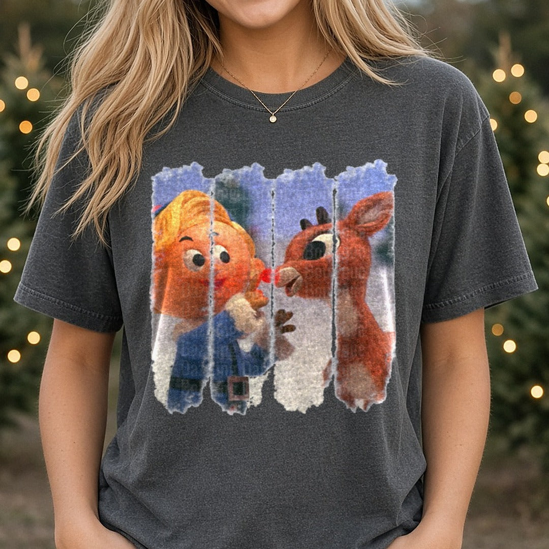 rudolph brush DTF transfer shown on a Comfort Colors tee