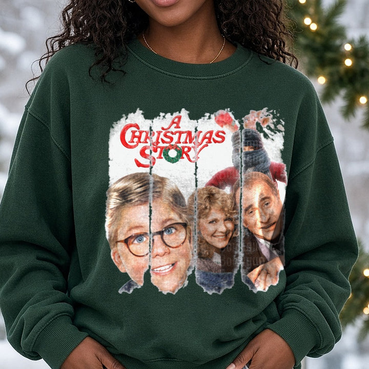 christmas story brush DTF transfer shown on a Comfort Colors sweatshirt