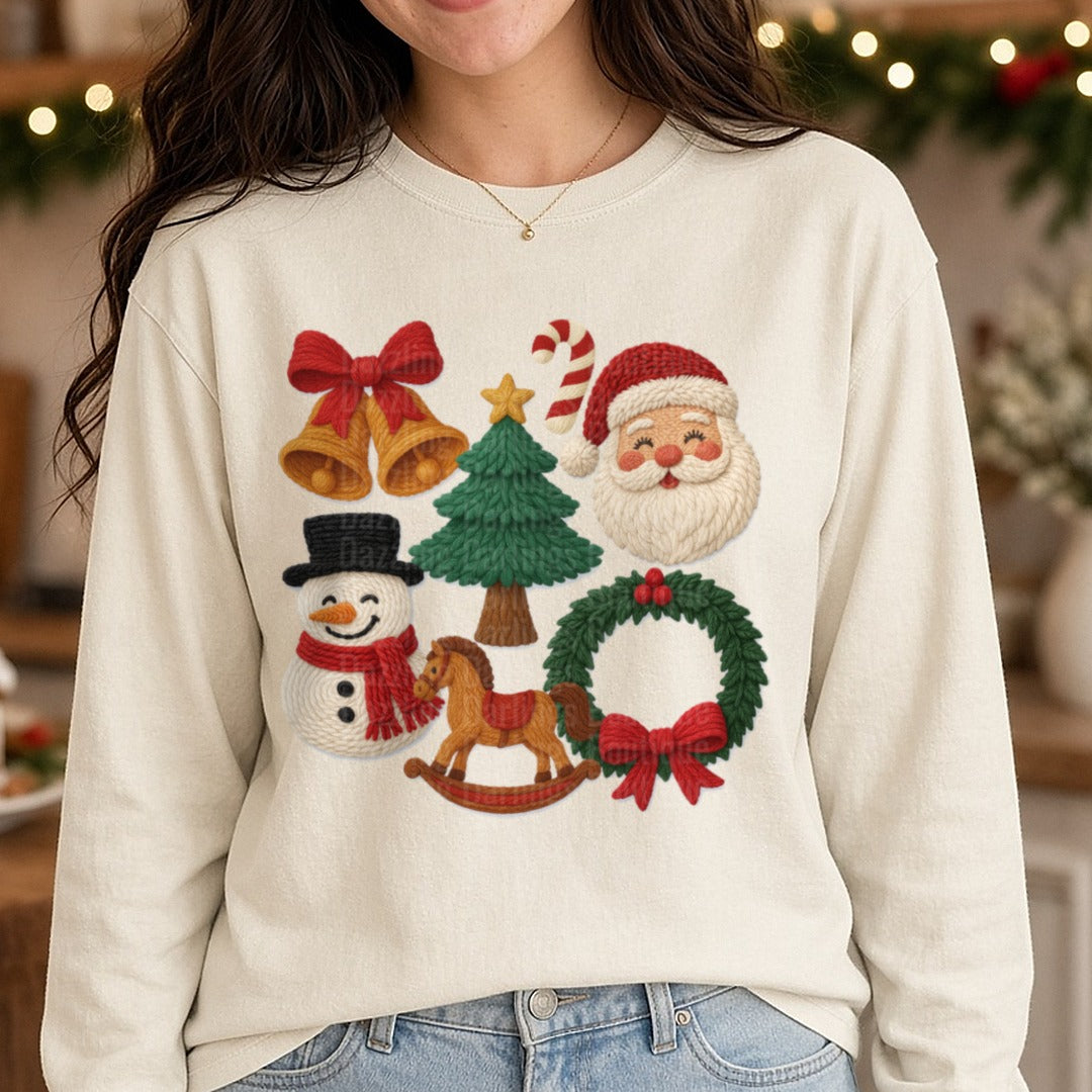 yarnchristmas DTF transfer shown on a Comfort Colors long sleeve tee