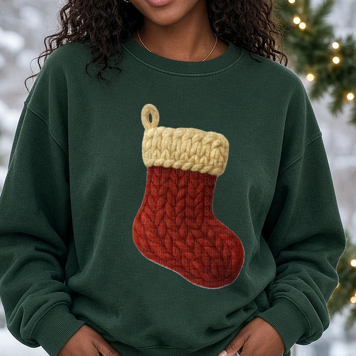 Yarn stocking DTF transfer shown on a Comfort Colors sweatshirt