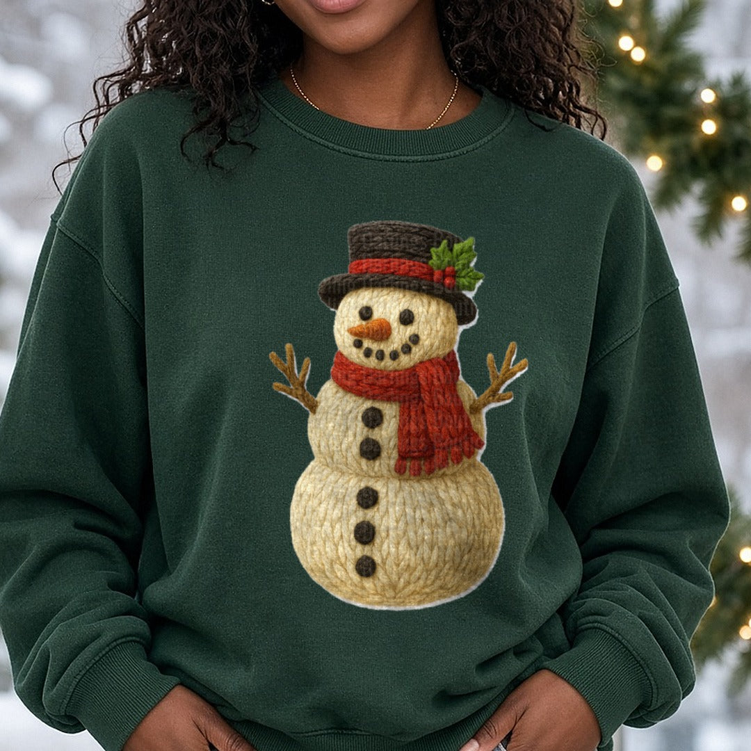 Yarn snowman DTF transfer shown on a Comfort Colors sweatshirt