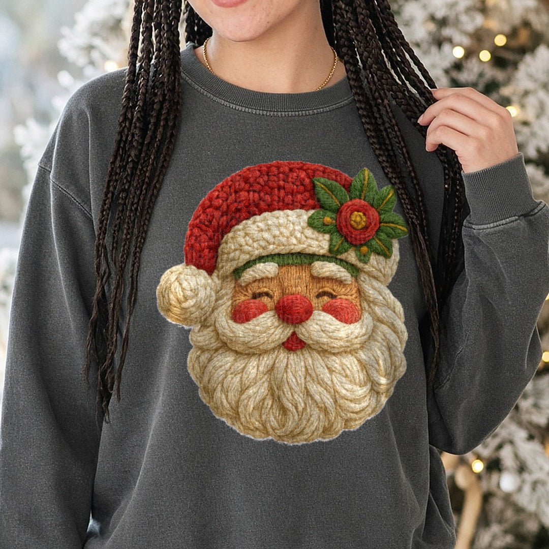 Yarn Santa DTF transfer shown on a Comfort Colors sweatshirt
