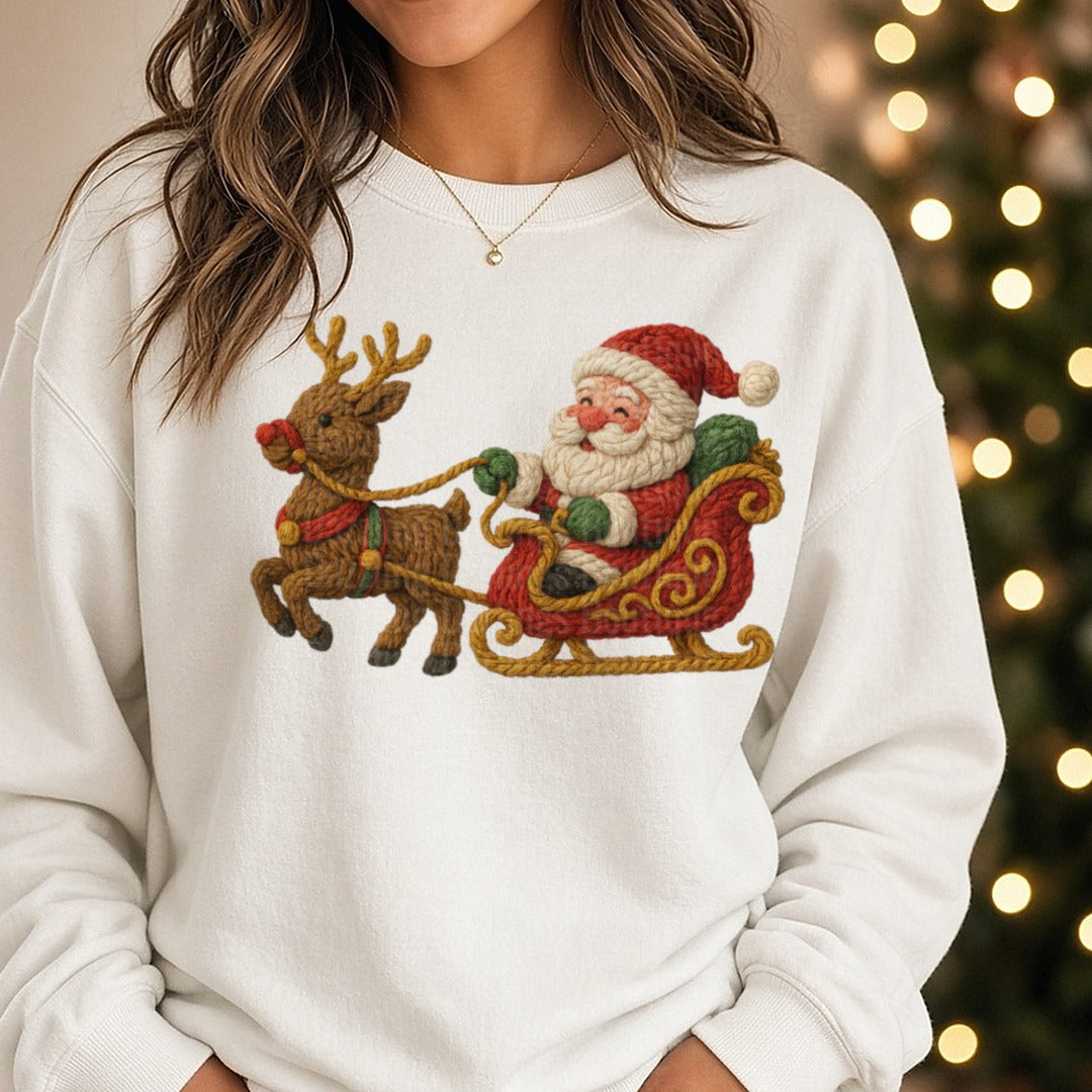 Yarn Santa sleigh DTF transfer shown on a Comfort Colors sweatshirt