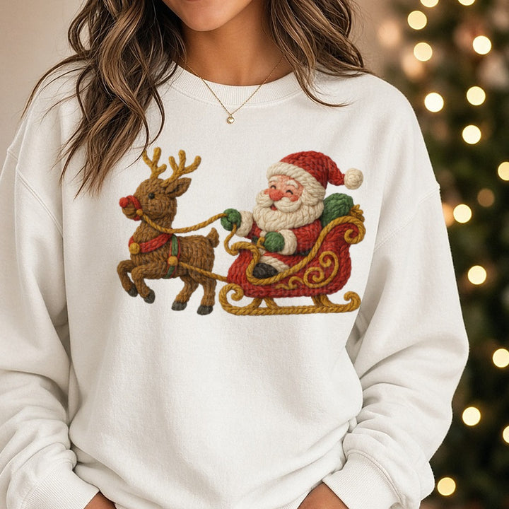 Yarn Santa sleigh DTF transfer shown on a Comfort Colors sweatshirt