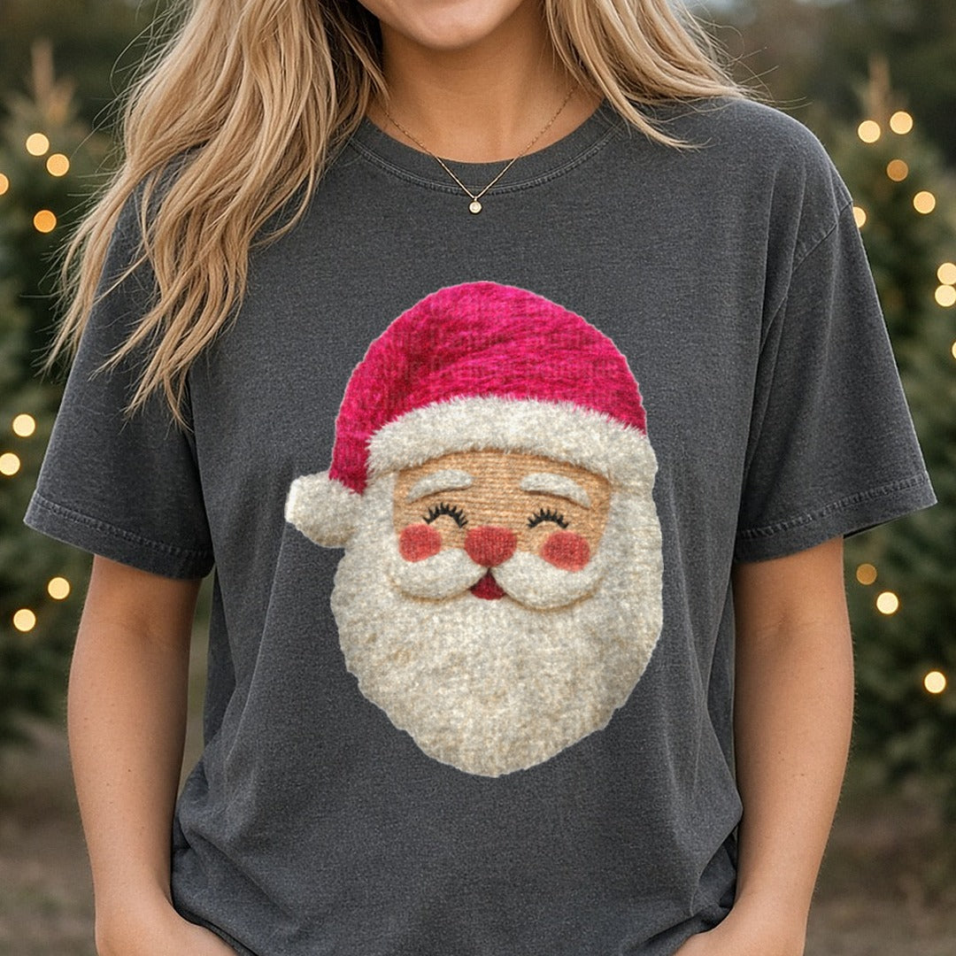 Yarn Santa pink DTF transfer shown on a Comfort Colors tee