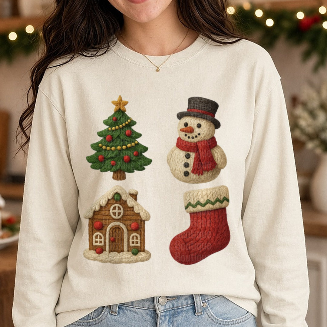 Yarn Christmas DTF transfer shown on a Comfort Colors long sleeve tee