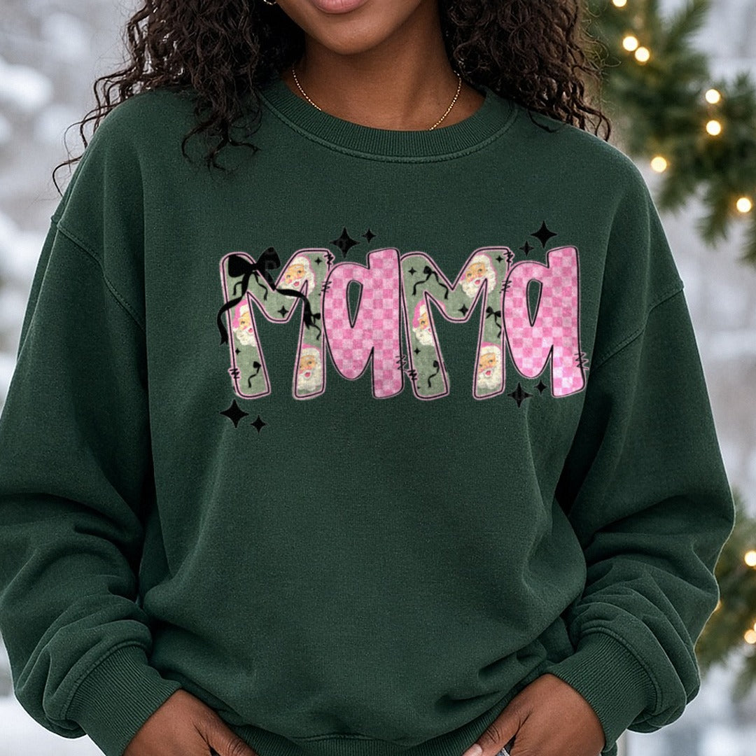 pink santa mama DTF transfer shown on a Comfort Colors sweatshirt